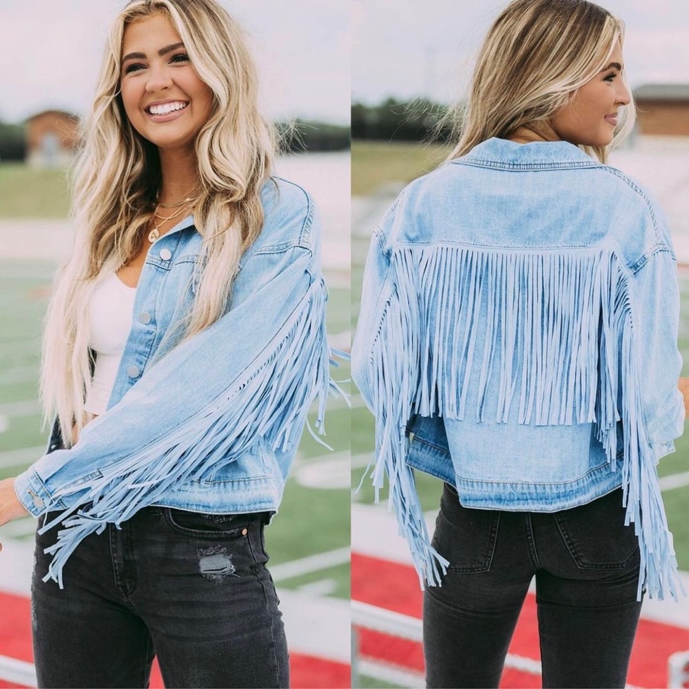 NWT These Three Boutique Fringe Denim Jacket